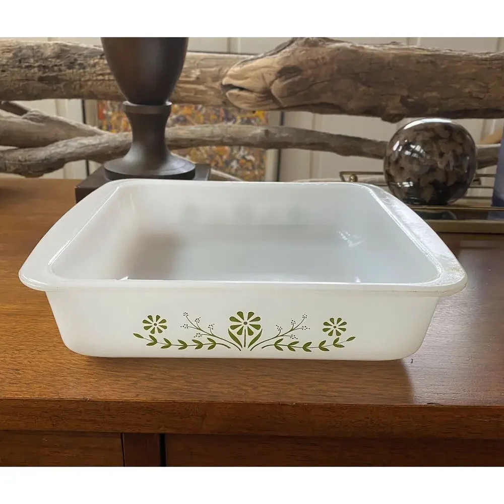 Glasbake Jeannette 8” Square Baking Dish‎ Jeannette #J2428 Green Floral Daisy